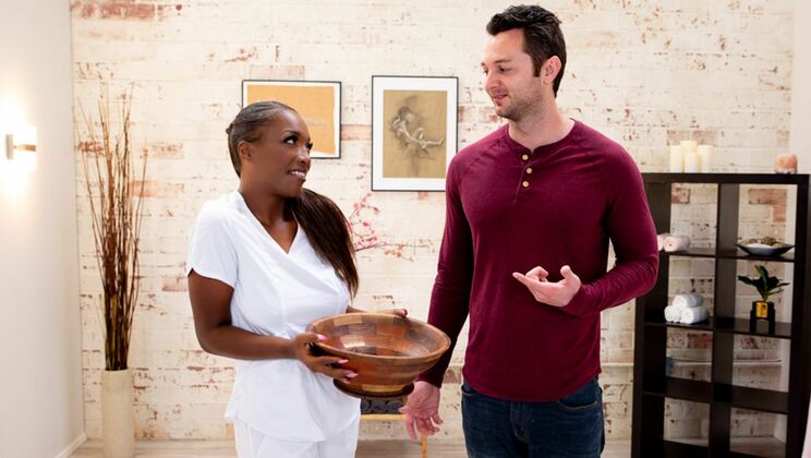 [NuruMassage] - Shaved Ebony Babe Gives Handjob and Tit Fuck - Daya Knight - Brad Sterling